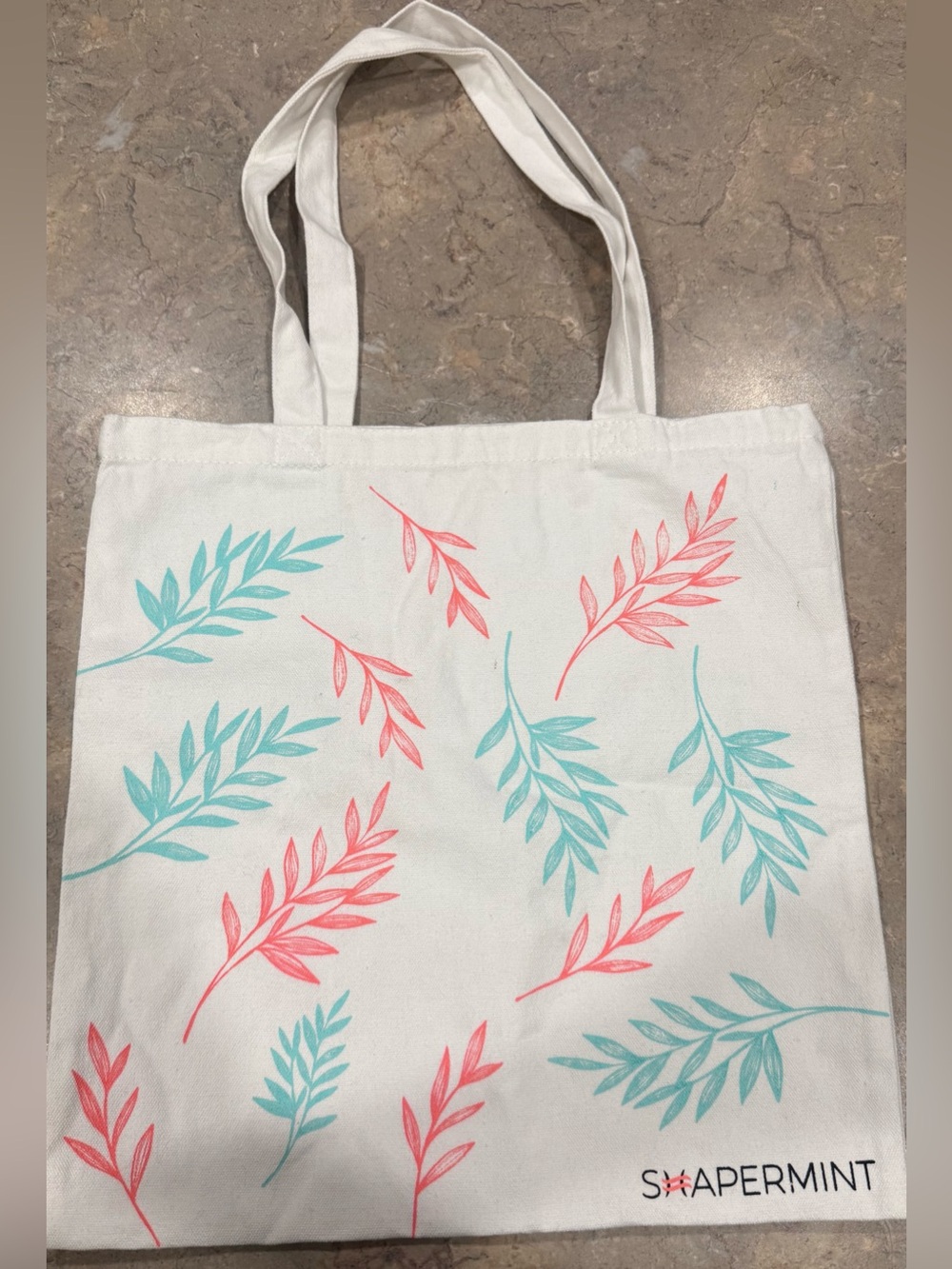 Shapermint White Canvas Tote with Coral and Aqua Leaf Print